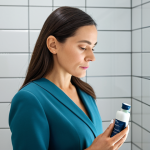 A sophisticated woman in her 30s, fully clothed in a modest, professional dress, stands in a brightly lit, clean bathroom, intently examining the ingredient list (INCI) on a small, elegant cosmetic bottle. Her expression is focused and thoughtful, suggesting an informed decision-making process. The background features blurred, clean white tiles and minimalist shelves. The scene emphasizes an intelligent and health-conscious approach to beauty. The lighting is soft and natural. Perfect anatomy, correct proportions, natural pose, well-formed hands, proper finger count, natural body proportions. Safe for work, appropriate content, fully clothed, professional, high quality, professional photography.