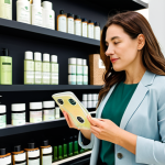 A sophisticated adult woman, fully clothed in modest, elegant business-casual attire, standing in a well-lit, modern eco-beauty store. She is thoughtfully examining the label of a sustainable beauty product, which clearly displays prominent eco-certifications like COSMOS Organic and EcoCert. The background features clean, minimalist shelves stocked with various green beauty products, emphasizing transparency and informed consumer choice. safe for work, appropriate content, family-friendly, perfect anatomy, correct proportions, natural pose, well-formed hands, proper finger count, natural body proportions, professional photography, high-quality, detailed, realistic.