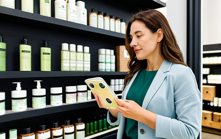 A sophisticated adult woman, fully clothed in modest, elegant business-casual attire, standing in a well-lit, modern eco-beauty store. She is thoughtfully examining the label of a sustainable beauty product, which clearly displays prominent eco-certifications like COSMOS Organic and EcoCert. The background features clean, minimalist shelves stocked with various green beauty products, emphasizing transparency and informed consumer choice. safe for work, appropriate content, family-friendly, perfect anatomy, correct proportions, natural pose, well-formed hands, proper finger count, natural body proportions, professional photography, high-quality, detailed, realistic.
