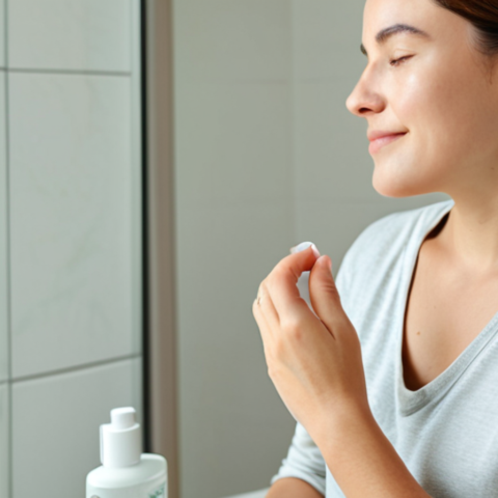 A serene woman, with radiant, healthy skin, gently applying a natural facial serum. She is fully clothed in a soft, modest natural-fabric top. The setting is a bright, minimalist bathroom with warm natural light, reflecting a sense of peace and self-care. The image conveys wellness and inner calm. perfect anatomy, correct proportions, natural pose, well-formed hands, proper finger count, natural body proportions, professional photography, high quality, safe for work, appropriate content, fully clothed, family-friendly.
