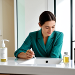 Home 11 **
A bright and airy shot of a modern Italian woman (30s), fully clothed in a stylish, modest outfit, applying a natural face serum in a minimalist bathroom setting. The focus is on her radiant, healthy skin. Several elegantly designed, sustainable beauty product containers are visible on the counter, made of recycled glass and featuring minimalist labels. Emphasis on natural light, clean lines, and a sense of well-being. safe for work, appropriate content, fully clothed, professional photography, perfect anatomy, natural proportions, modest.
**