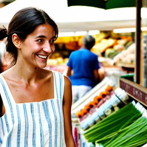 Home 22 **
A woman in her late 20s, browsing a farmer's market stall overflowing with colorful, unpackaged soaps and natural skincare ingredients. She's wearing a simple, linen dress and has a reusable tote bag over her shoulder. The stall is run by an older woman with a warm smile. Focus on natural light, vibrant colors, and a sense of community. The background includes blurred figures of other shoppers. safe for work, appropriate content, fully clothed, professional, natural lighting, perfect anatomy, natural proportions, modest clothing. The scene evokes a feeling of healthy living and conscious consumerism, reminiscent of a small, Italian town market.
**