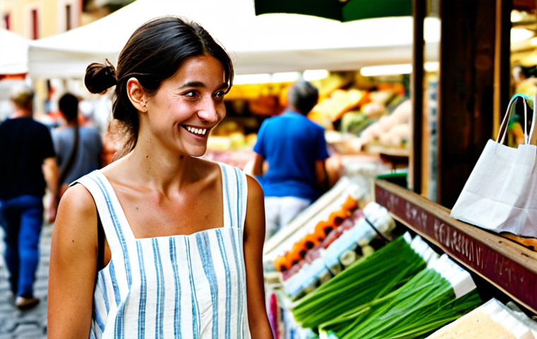 **

A woman in her late 20s, browsing a farmer's market stall overflowing with colorful, unpackaged soaps and natural skincare ingredients. She's wearing a simple, linen dress and has a reusable tote bag over her shoulder. The stall is run by an older woman with a warm smile. Focus on natural light, vibrant colors, and a sense of community. The background includes blurred figures of other shoppers.  safe for work, appropriate content, fully clothed, professional, natural lighting, perfect anatomy, natural proportions, modest clothing. The scene evokes a feeling of healthy living and conscious consumerism, reminiscent of a small, Italian town market.

**