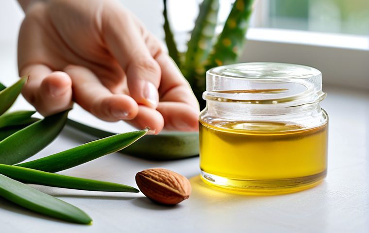 Vegan Beauty Ingredients**
"A close-up shot of various natural, vegan cosmetic ingredients: argan oil, jojoba oil, almond oil, shea butter, aloe vera. Display them aesthetically in small glass containers and botanical elements surrounding them. Focus on vibrant colors and textures. safe for work, appropriate content, fully clothed, professional, perfect anatomy, correct proportions, natural body proportions, well-formed hands, proper finger count, high quality, natural light, showcasing the beauty of natural skincare."
**