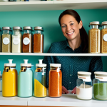 Home 7 지속 가능한 뷰티의 미래 변화 예측 - Creative Reuse**
"A brightly lit kitchen scene featuring repurposed cosmetic containers: glass jars...