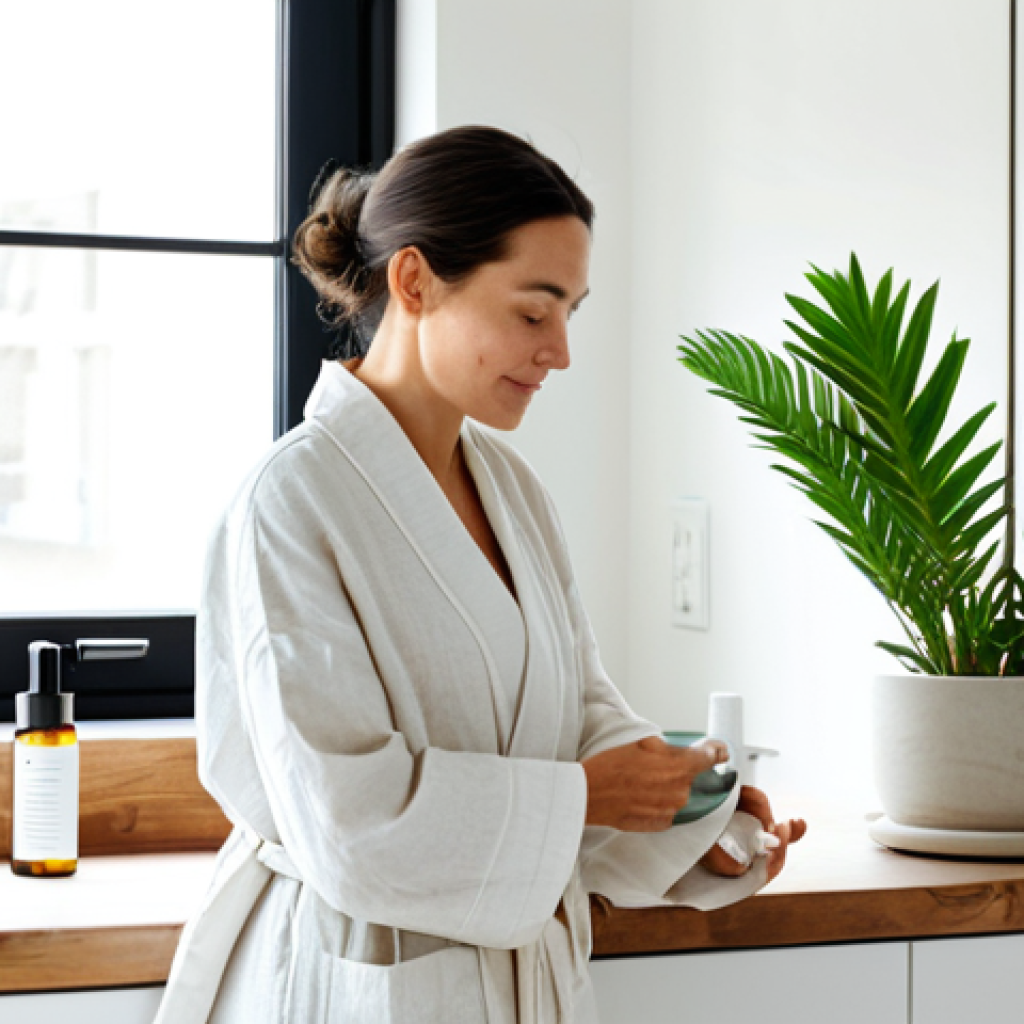 지속 가능한 뷰티의 중요성에 대한 교육 - Sustainable Beauty Routine**

"A bright and airy bathroom scene with a woman in her 30s, fully cloth...