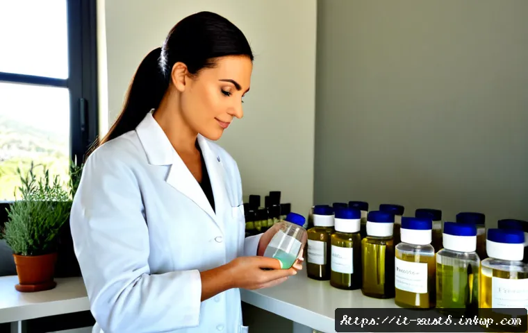 Home 11 친환경 화장품의 성분 분석 - Photorealistic eco-friendly cosmetics ingredient analysis in a bright Italian botanical laboratory, ...