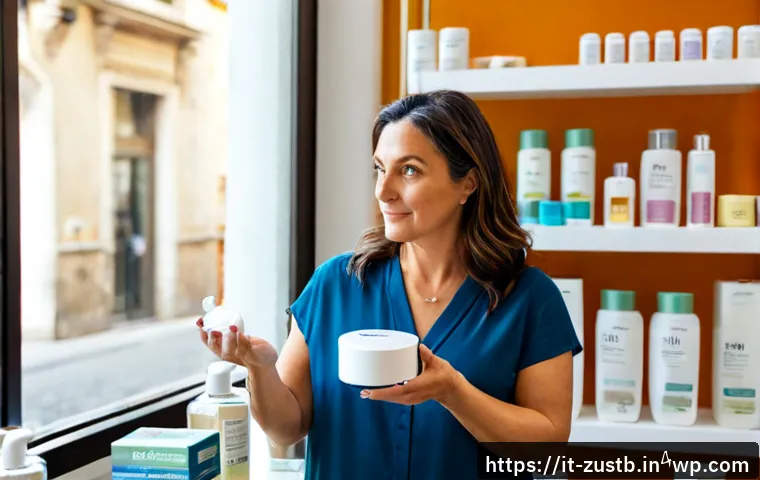 소비자 행동과 지속 가능한 뷰티 - Photorealistic Italian woman in her early 40s comparing two unbranded skincare containers in a brigh...
